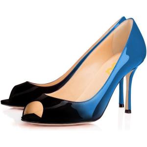 imageFSJ Women Flattering Peep Toe Party Dress Shoes Glossy Patent Stiletto High Heel Pumps Size 415 USBlue Gradient
