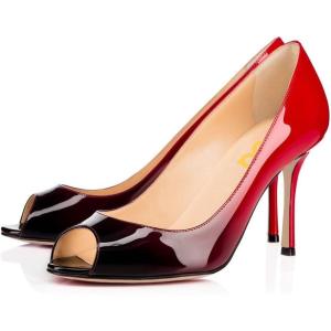 imageFSJ Women Flattering Peep Toe Party Dress Shoes Glossy Patent Stiletto High Heel Pumps Size 415 USRedgradient