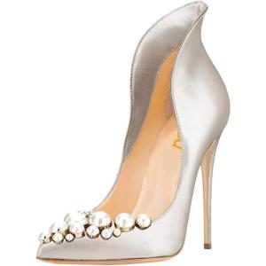imageFSJ Women Sexy Prom Pointy Toe High Heel Stiletto Pumps Closed Toe Slip On Swallow Tailed Dress Party Shoes 415 USSilver Pearls