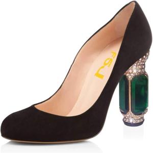imageFSJ Women Stylish Closed Toe Rhinestone Emerald Chunky High Heel Pumps Rivets Slip on Party Evening Business Shoes Size 415 USBlack Suede