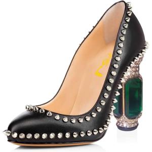 imageFSJ Women Stylish Closed Toe Rhinestone Emerald Chunky High Heel Pumps Rivets Slip on Party Evening Business Shoes Size 415 USBlack Synthetic