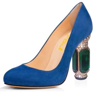 imageFSJ Women Stylish Closed Toe Rhinestone Emerald Chunky High Heel Pumps Rivets Slip on Party Evening Business Shoes Size 415 USBlue