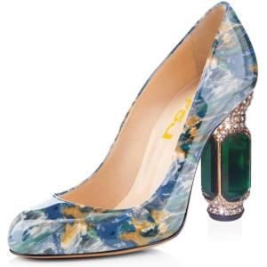 imageFSJ Women Stylish Closed Toe Rhinestone Emerald Chunky High Heel Pumps Rivets Slip on Party Evening Business Shoes Size 415 USBlue Floral