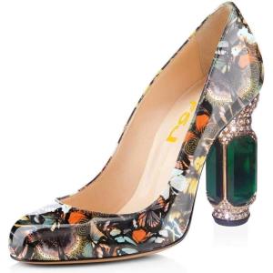 imageFSJ Women Stylish Closed Toe Rhinestone Emerald Chunky High Heel Pumps Rivets Slip on Party Evening Business Shoes Size 415 USButterfly Floral