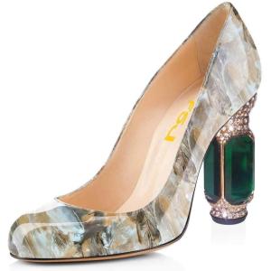 imageFSJ Women Stylish Closed Toe Rhinestone Emerald Chunky High Heel Pumps Rivets Slip on Party Evening Business Shoes Size 415 USKhaki Floral