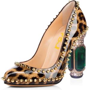 imageFSJ Women Stylish Closed Toe Rhinestone Emerald Chunky High Heel Pumps Rivets Slip on Party Evening Business Shoes Size 415 USLeopard