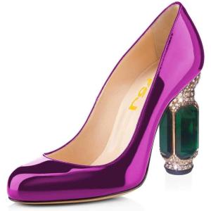 imageFSJ Women Stylish Closed Toe Rhinestone Emerald Chunky High Heel Pumps Rivets Slip on Party Evening Business Shoes Size 415 USMagenta