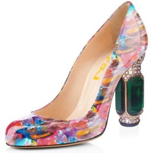imageFSJ Women Stylish Closed Toe Rhinestone Emerald Chunky High Heel Pumps Rivets Slip on Party Evening Business Shoes Size 415 USMulti Floral