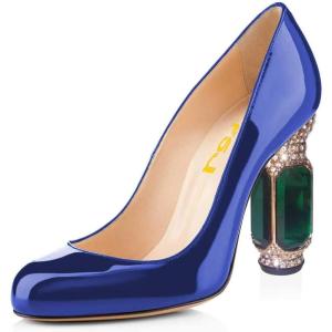 imageFSJ Women Stylish Closed Toe Rhinestone Emerald Chunky High Heel Pumps Rivets Slip on Party Evening Business Shoes Size 415 USRoyal Blue