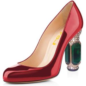 imageFSJ Women Stylish Closed Toe Rhinestone Emerald Chunky High Heel Pumps Rivets Slip on Party Evening Business Shoes Size 415 USWine Red