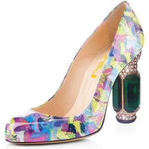 imageFSJ Women Stylish Closed Toe Rhinestone Emerald Chunky High Heel Pumps Rivets Slip on Party Evening Business Shoes Size 415 USYellow Floral