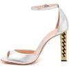 imageFSJ Ankle Strap High Gold Block Heels Slingback Side Flowers Pump Slingback Bow Open Toe Fashion Party Prom Sandal Shoe for Women 415 USSolid Silver
