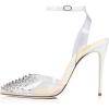 imageFSJ Women Pencil High Heel Spikes Studded Sandal Slip On DOrsay Evening Pump Ankle Strap Clear Ballroom Dance Shoe Size 415 USWhiterivets