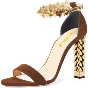 imageFSJ Ankle Strap High Gold Block Heels Slingback Side Flowers Pump Slingback Bow Open Toe Fashion Party Prom Sandal Shoe for Women 415 USBrown