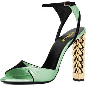 imageFSJ Ankle Strap High Gold Block Heels Slingback Side Flowers Pump Slingback Bow Open Toe Fashion Party Prom Sandal Shoe for Women 415 USLight Green