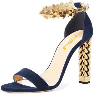 imageFSJ Ankle Strap High Gold Block Heels Slingback Side Flowers Pump Slingback Bow Open Toe Fashion Party Prom Sandal Shoe for Women 415 USNavy