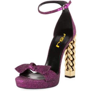 imageFSJ Ankle Strap High Gold Block Heels Slingback Side Flowers Pump Slingback Bow Open Toe Fashion Party Prom Sandal Shoe for Women 415 USPink Glitter