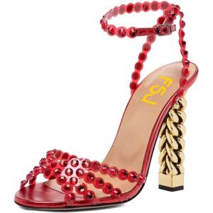 imageFSJ Ankle Strap High Gold Block Heels Slingback Side Flowers Pump Slingback Bow Open Toe Fashion Party Prom Sandal Shoe for Women 415 USRed Crystal