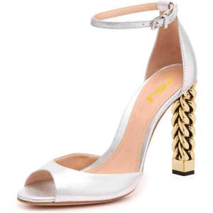 imageFSJ Ankle Strap High Gold Block Heels Slingback Side Flowers Pump Slingback Bow Open Toe Fashion Party Prom Sandal Shoe for Women 415 USSolid Silver