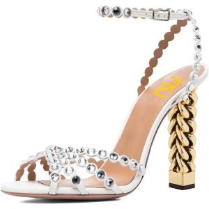imageFSJ Ankle Strap High Gold Block Heels Slingback Side Flowers Pump Slingback Bow Open Toe Fashion Party Prom Sandal Shoe for Women 415 USWhite