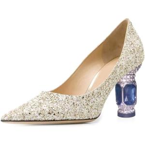 imageFSJ Women Bridal Pointed Toe Mid Low Heels Crystal Pumps Slip on Comfort Wedding Glitter ShoesGold