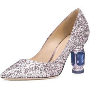 imageFSJ Women Bridal Pointed Toe Mid Low Heels Crystal Pumps Slip on Comfort Wedding Glitter ShoesLavender