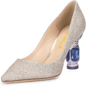 imageFSJ Women Bridal Pointed Toe Mid Low Heels Crystal Pumps Slip on Comfort Wedding Glitter ShoesMoccasion