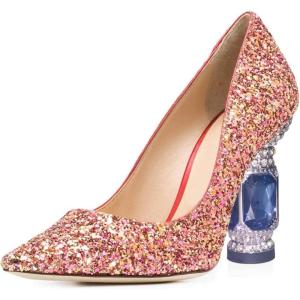 imageFSJ Women Bridal Pointed Toe Mid Low Heels Crystal Pumps Slip on Comfort Wedding Glitter ShoesMulti