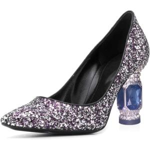 imageFSJ Women Bridal Pointed Toe Mid Low Heels Crystal Pumps Slip on Comfort Wedding Glitter ShoesPurple
