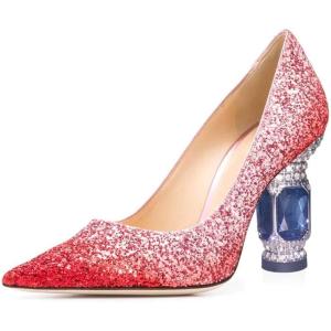 imageFSJ Women Bridal Pointed Toe Mid Low Heels Crystal Pumps Slip on Comfort Wedding Glitter ShoesRed