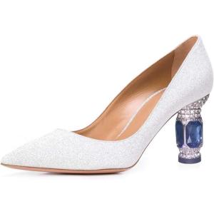 imageFSJ Women Bridal Pointed Toe Mid Low Heels Crystal Pumps Slip on Comfort Wedding Glitter ShoesWhite