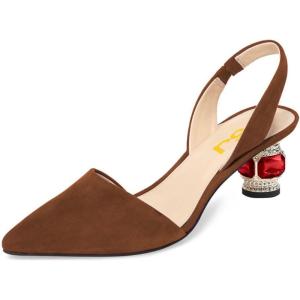 imageFSJ Women Fashion Low Kitten Heels Pumps Pointed Toe Slingback Sandals Comfy Wedding Party Sexy Dress Shoes Size 415 USBrown Crystal