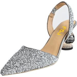 imageFSJ Women Fashion Low Kitten Heels Pumps Pointed Toe Slingback Sandals Comfy Wedding Party Sexy Dress Shoes Size 415 USSilver Glitter Crystal