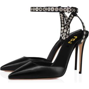 imageFSJ Women Pencil High Heel Spikes Studded Sandal Slip On DOrsay Evening Pump Ankle Strap Clear Ballroom Dance Shoe Size 415 USBlack 1