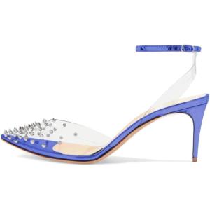 imageFSJ Women Pencil High Heel Spikes Studded Sandal Slip On DOrsay Evening Pump Ankle Strap Clear Ballroom Dance Shoe Size 415 USBlue