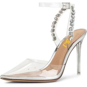 imageFSJ Women Pencil High Heel Spikes Studded Sandal Slip On DOrsay Evening Pump Ankle Strap Clear Ballroom Dance Shoe Size 415 USClearcrystal