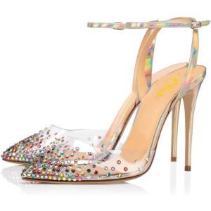 imageFSJ Women Pencil High Heel Spikes Studded Sandal Slip On DOrsay Evening Pump Ankle Strap Clear Ballroom Dance Shoe Size 415 USColorful