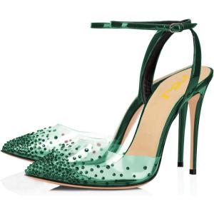 imageFSJ Women Pencil High Heel Spikes Studded Sandal Slip On DOrsay Evening Pump Ankle Strap Clear Ballroom Dance Shoe Size 415 USForest Green