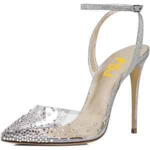 imageFSJ Women Pencil High Heel Spikes Studded Sandal Slip On DOrsay Evening Pump Ankle Strap Clear Ballroom Dance Shoe Size 415 USGlitter12cm
