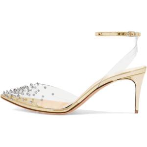 imageFSJ Women Pencil High Heel Spikes Studded Sandal Slip On DOrsay Evening Pump Ankle Strap Clear Ballroom Dance Shoe Size 415 USGold
