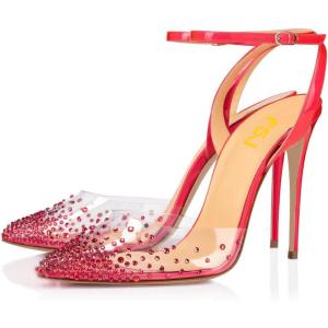 imageFSJ Women Pencil High Heel Spikes Studded Sandal Slip On DOrsay Evening Pump Ankle Strap Clear Ballroom Dance Shoe Size 415 USHot Pink