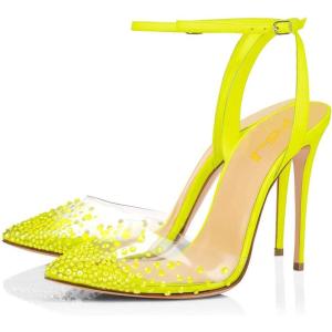 imageFSJ Women Pencil High Heel Spikes Studded Sandal Slip On DOrsay Evening Pump Ankle Strap Clear Ballroom Dance Shoe Size 415 USLime12cm