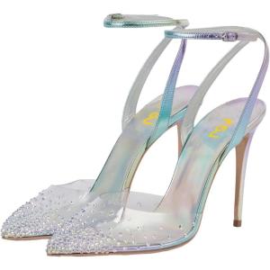 imageFSJ Women Pencil High Heel Spikes Studded Sandal Slip On DOrsay Evening Pump Ankle Strap Clear Ballroom Dance Shoe Size 415 USMulticolor