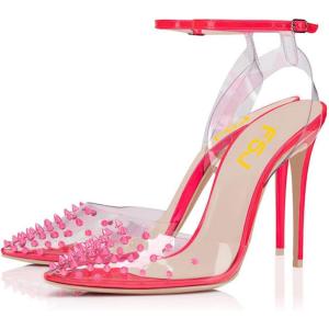 imageFSJ Women Pencil High Heel Spikes Studded Sandal Slip On DOrsay Evening Pump Ankle Strap Clear Ballroom Dance Shoe Size 415 USPink