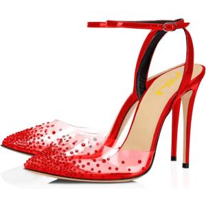 imageFSJ Women Pencil High Heel Spikes Studded Sandal Slip On DOrsay Evening Pump Ankle Strap Clear Ballroom Dance Shoe Size 415 USRed