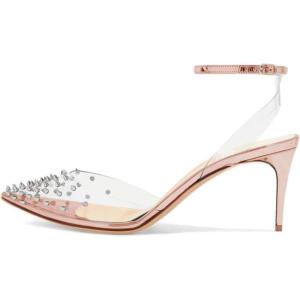 imageFSJ Women Pencil High Heel Spikes Studded Sandal Slip On DOrsay Evening Pump Ankle Strap Clear Ballroom Dance Shoe Size 415 USSalmon