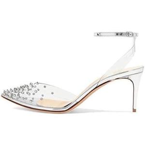 imageFSJ Women Pencil High Heel Spikes Studded Sandal Slip On DOrsay Evening Pump Ankle Strap Clear Ballroom Dance Shoe Size 415 USSilver