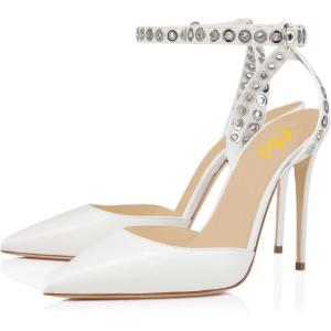 imageFSJ Women Pencil High Heel Spikes Studded Sandal Slip On DOrsay Evening Pump Ankle Strap Clear Ballroom Dance Shoe Size 415 USWhite 1
