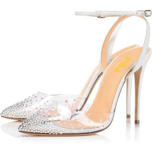 imageFSJ Women Pencil High Heel Spikes Studded Sandal Slip On DOrsay Evening Pump Ankle Strap Clear Ballroom Dance Shoe Size 415 USWhite 2