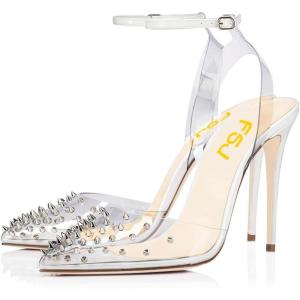 imageFSJ Women Pencil High Heel Spikes Studded Sandal Slip On DOrsay Evening Pump Ankle Strap Clear Ballroom Dance Shoe Size 415 USWhiterivets